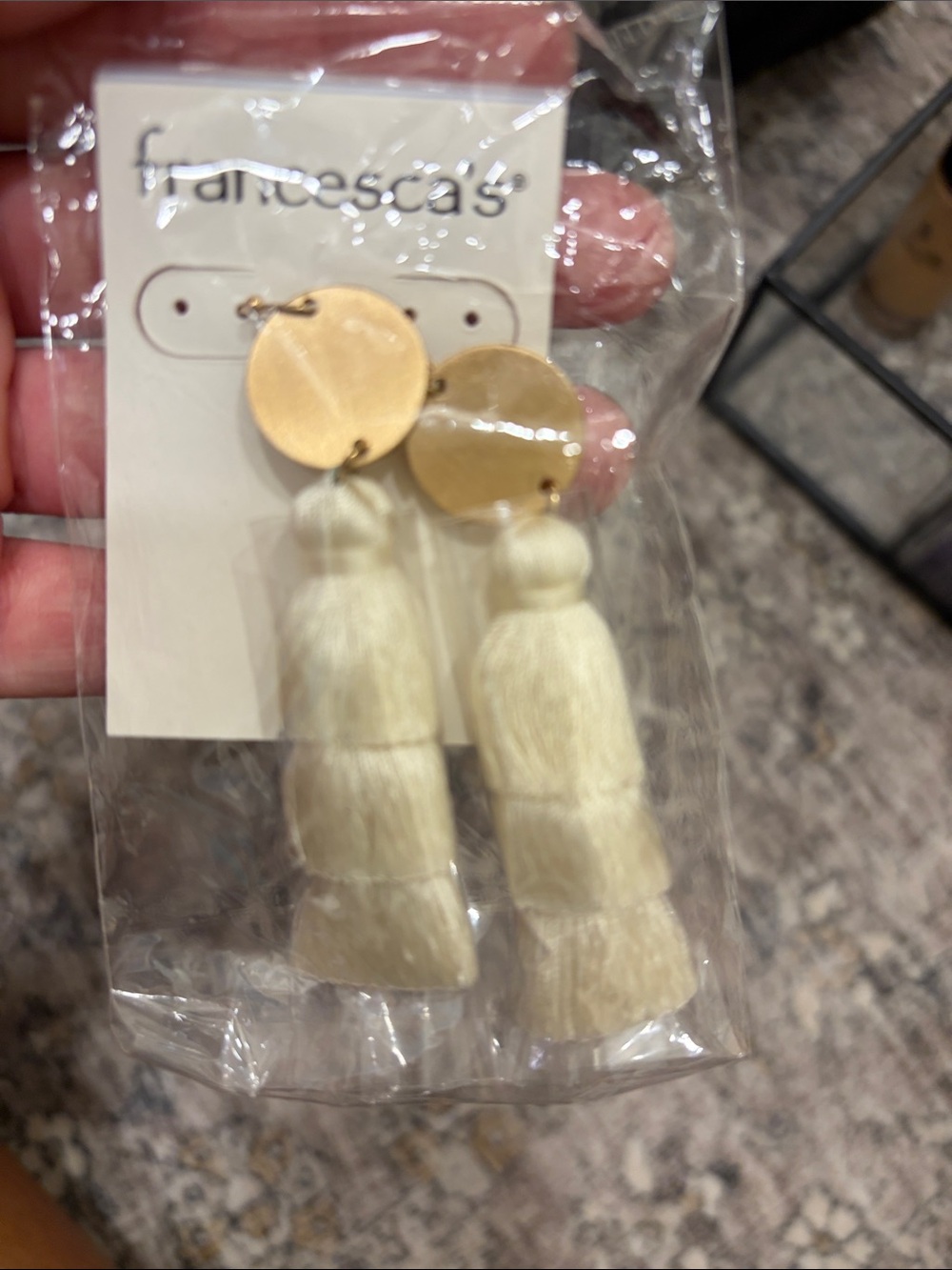 Francesca's Cream Tassel Drop Earrings with Gold Discs